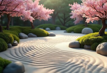 tranquil zen garden raked sand patterns serene landscape minimalist nature meditation space calmness harmony, peace, soil, scenery, design, texture, stones