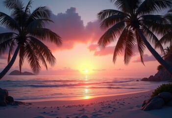 tranquil beach silhouette palm trees dusk sunset ocean waves scenic paradise retreat peaceful serenity, water, shore, sand, sky, light, reflection, clouds