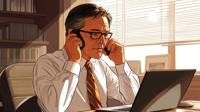 Businessman multitasking phones laptop sunlight office vector illustration