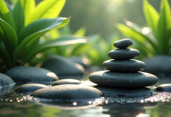 tranquil zen stones serene composition natural green plant backdrop relaxation harmony peaceful arrangement, nature, rocks, moss, leaf, growth, environment
