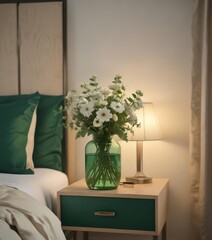 Elegant floral arrangement in bottle vase atop beige nightstand; emerald green bedding ,  beige,  plant,  floral