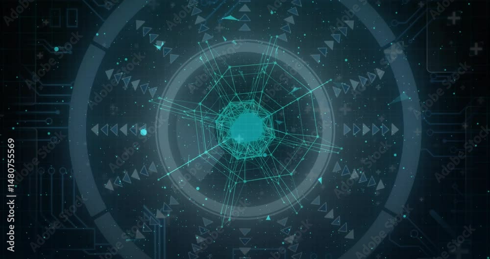 Poster hexagonal turquoise network pulsating in dark interface, with rotating rings arrows floating dots