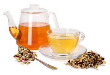 Delicious herbal tea in glass cup, teapot, spoon and dry leaves isolated on white