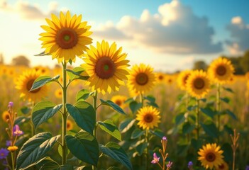 Obraz premium vibrant bright yellow sunflowers surrounded lush green fields flourishing natural environment, bloom, petal, grass, nature, landscape, garden, spring