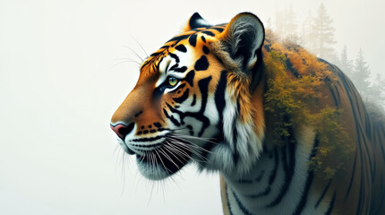 Obraz premium Portrait of a Far Eastern tiger with forest on its back, double exposure, white background