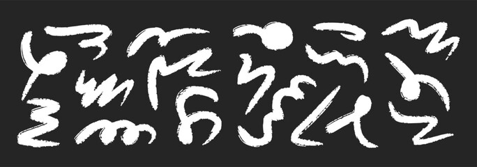 Hand drawn chalk Abstract Scribbles Set. Grunge Marker Lines Isolated on black Background. Black grunge charcoal strokes, squiggle, swirls, smears and shapes by pencil.