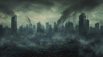 Dystopian city skyline shrouded in smoke and debris during an apocalyptic event at dusk