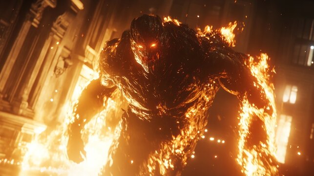 Fiery monster in urban night setting intense flames and dark texture