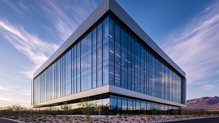 Obraz premium Modern glass office building with blue sky and mountain landscape reflection