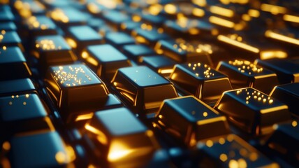 Obraz premium Close-up view of a shimmering gold keyboard with an array of illuminated keys during a creative tech session