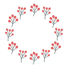 Round frame of cartoon twigs with berries. Hand drawn. Vector illustration