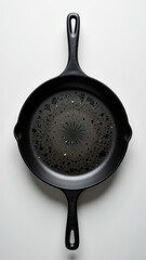 A black cast iron skillet with a speckled design on its surface, resting on a light-colored background.