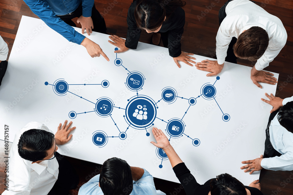 Leinwandbilder a diverse group of professionals collaborates on media and technology concepts, showcasing icons and