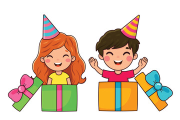 Cute cartoon boy and girl. Holiday design. Gifts boxes. Vector clipart.