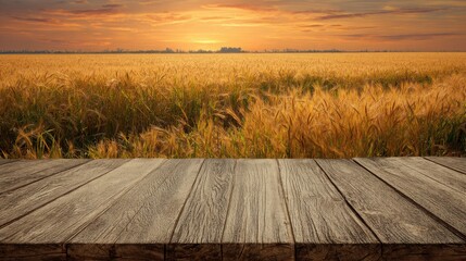 Ultra quality image of versatile Wooden Platform in Golden Wheat Field at Sunset: Ideal for Product Displays, Nature-Themed Projects, and Marketing Campaigns.