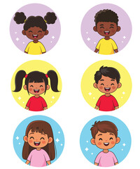 Set of stickers of smiling children. Children of different races. Collection of avatars. Vector clipart