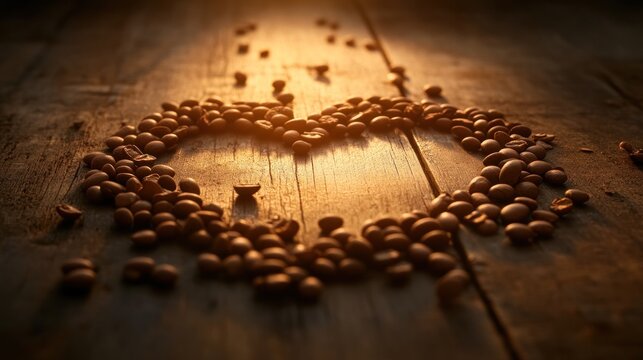 Heart shaped coffee beans on rustic wooden surface warm light