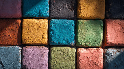 Fototapeta premium A colorful arrangement of square paving stones creating a vibrant and textured surface pattern design