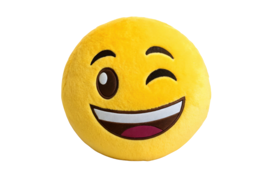 PNG Winking emoji plush pillow with smiling expression and big eyes