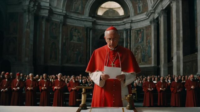 Catholic cardinal standing by the altar, holding a folded ballot as he prepares to cast his vote during the papal conclave. 