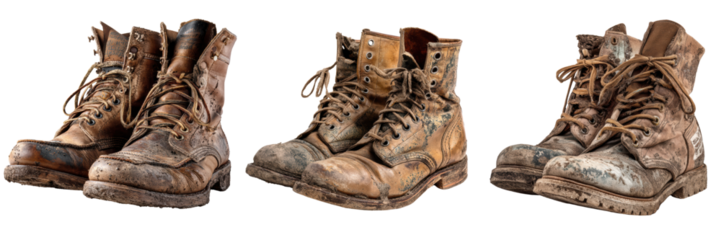 Rustic Old Work Boots Collection Isolated on a Transparent Background