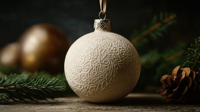Intricate white christmas ornament with pine branches and cones