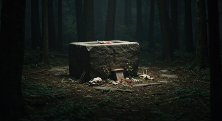 Dark cauldron in forest setting