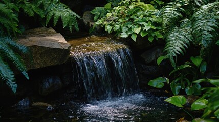 Waterfall gently cascading over rocks surrounded by lush green foliage in a serene garden setting