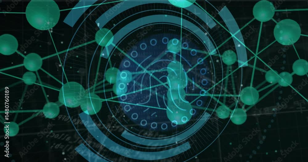 Poster digital network being animated over dark binary grid, connecting teal spheres near rotating hud