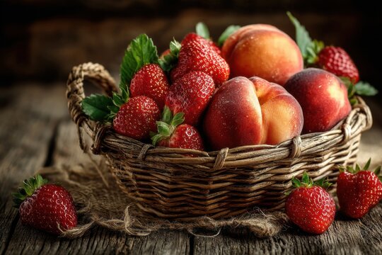 Fresh ripe strawberries and peaches overflowing from a rustic woven basket on wooden table surface for sweet fruit snack