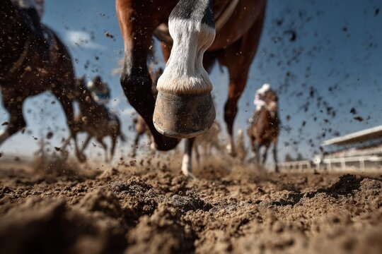 Dynamic horse race action showing horse hoof pounding dirt track, creating a burst of flying soil during competitive racing.