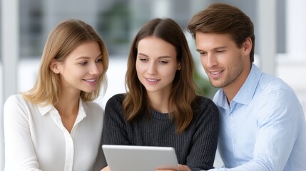 Obraz premium Smiling Young Professionals Collaborate on a Digital Tablet in a Bright Office Setting