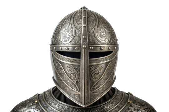 PNG Ornate medieval knight helmet with intricate engravings on black background