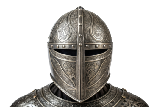 PNG Ornate medieval knight helmet with intricate engravings on black background