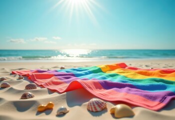 Obraz premium vibrant beach towels colorfully laid sandy beach blanket summer relaxation, umbrella, sea, shore, resort, poolside, tropical, breeze, hue, picnic