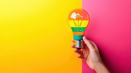 Hand Holding Light Bulb With Energy Efficiency Rating on Colorful Background