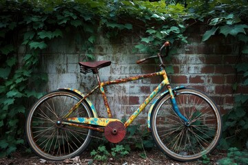 A vintage rusty bicycle with a colorful frame, leaning against an ivy-covered brick wall, exudes a rustic and forgotten charm.