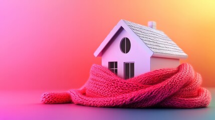 Warm House Wrapped In Pink Scarf On Gradient Background