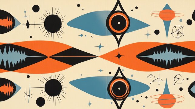 1960s Googie design, with elongated diamonds, boomerang-type chapes, in orange and blue, with black atomic symbols and asterisk-type retro shapes, on a cream colored background 