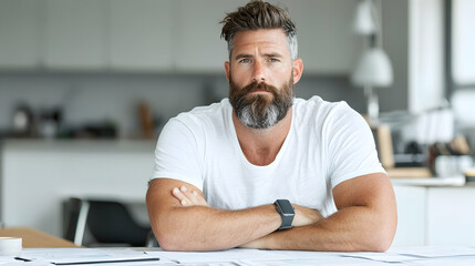 Portrait of a Bearded Man with Grey Hair Wearing a White T-Shirt