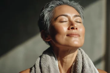 Gordijnen Serene mature woman with short gray hair relaxes after workout in sunlit room enjoying peaceful moment © Prazis Images