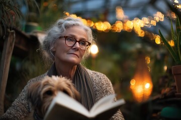 Serene Senior Woman Reading Book with Dog in Greenhouse, enjoying peaceful evening amidst plants and warm lights.