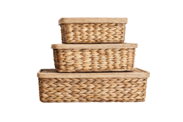 PNG Stacked woven baskets with lids on white background