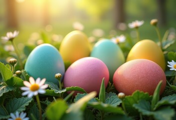 colorful easter eggs surrounded lush greenery vibrant natural garden setting, nature, flower, decoration, spring, celebration, bright, outdoor, plant, leaf