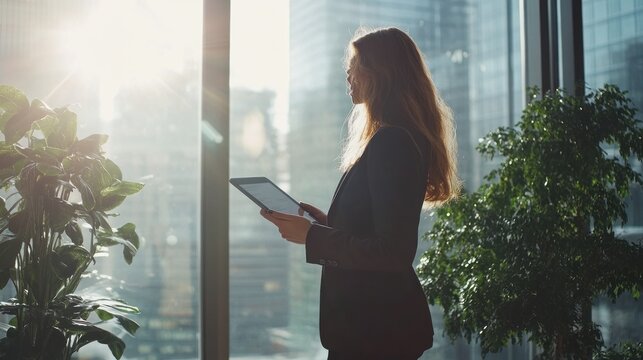 Businesswoman using tablet near window with city view sunlight