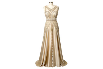 PNG Elegant beige evening gown with intricate beading and floor-length satin skirt
