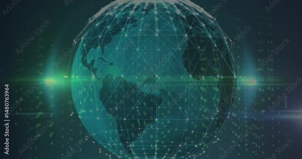 Poster 3d globe displaying mesh network lines and glowing nodes, streaming green binary across lens flare