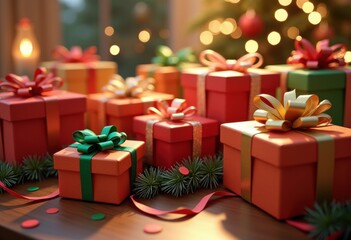 Obraz premium colorful gift boxes arrangement festive table vibrant decorations cheerful atmosphere celebratory occasions, celebration, friends, family, party, birthday