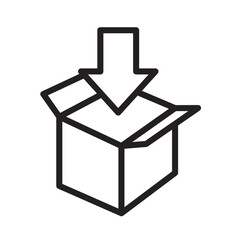 Cardboard box with an arrow inside. Order loading. E-commerce vector outline illustration isolated on transparent background. 