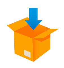 Cardboard box with an arrow inside. Order loading. E-commerce vector flat cartoon illustration isolated on transparent. 
